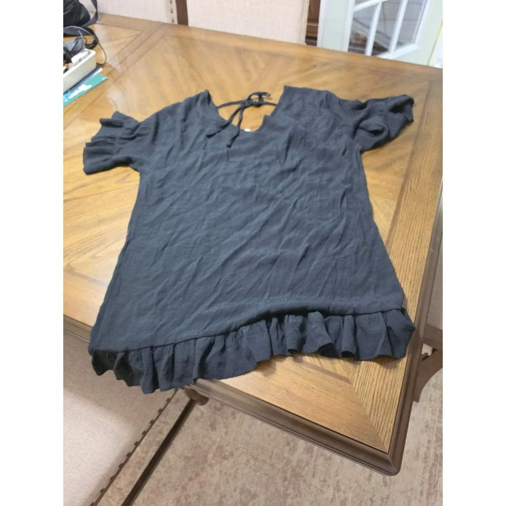 Beachsissi Black Ruffle Hem V-Neck Swim Cover Up One Size Tie Back Short Slv